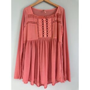 Free People Boho Peasant Blouse Top Women's L Coral Lace Embroidered Long Sleeve